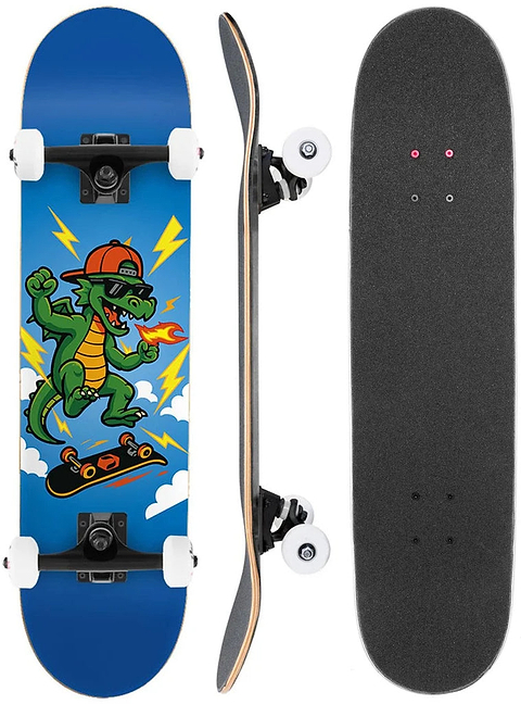 Three views of a Venom My First Skateboard Dragon Blue Kids Complete Skateboard: the top with black grip tape, the side profile showing the deck and trucks, and the underside featuring a cartoon dragon wearing a hat and sunglasses.