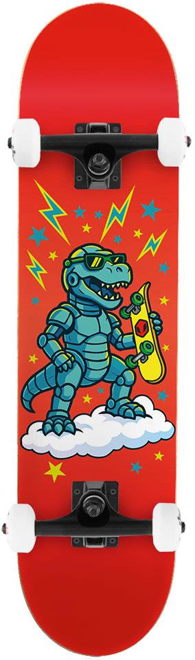 Venom My First Skateboard Robo Dino Red Kids Complete Skateboard, a red junior board featuring a cartoon robot dinosaur wearing sunglasses and holding a yellow skateboard on a cloud, surrounded by colorful stars and lightning bolts.