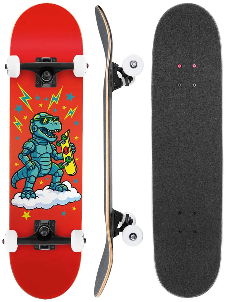 Three views of a Venom My First Skateboard Robo Dino Red Kids Complete Skateboard - 7.25″ x 29″: a cartoon dinosaur graphic on the underside, a side profile, and a black grip tape top.
