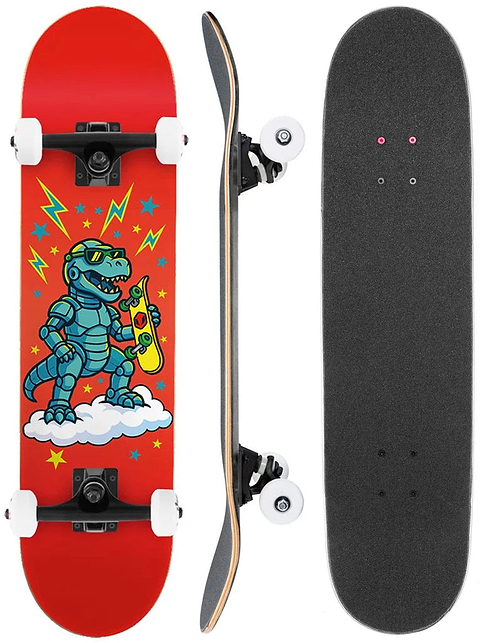Three views of a Venom My First Skateboard Robo Dino Red Kids Complete Skateboard - 7.25″ x 29″: a cartoon dinosaur graphic on the underside, a side profile, and a black grip tape top.