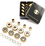 Venom Precision Gold Skateboard Bearings - 8 Pack, including eight small metal spacers, eight thin washers, and a black metal storage tin containing additional parts.