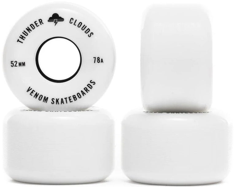 Four white Venom Thunder Clouds V2 52mm 78A Skateboard Wheels, with one wheel positioned to show the “Thunder Clouds” graphic.