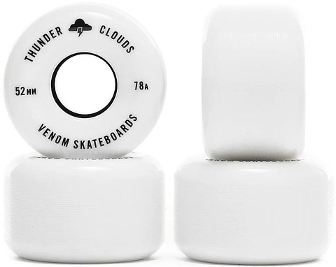 Four white Venom Thunder Clouds V2 52mm 78A Skateboard Wheels, with one wheel positioned to show the “Thunder Clouds” graphic.