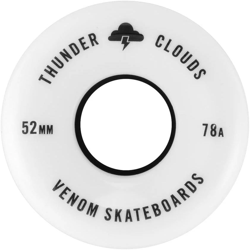 White Venom Thunder Clouds V2 52mm 78A Skateboard Wheels featuring a black lightning bolt icon and the text “Thunder Clouds,” “52mm,” “78A,” and “Venom Skateboards” printed on the side.