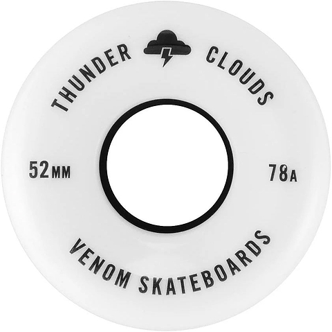 White Venom Thunder Clouds V2 52mm 78A Skateboard Wheels featuring a black lightning bolt icon and the text “Thunder Clouds,” “52mm,” “78A,” and “Venom Skateboards” printed on the side.