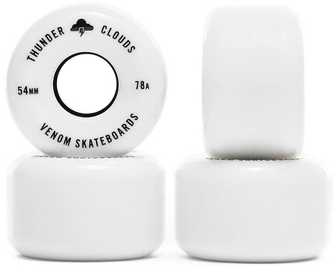 Three white Venom Thunder Clouds V2 54mm 78A Skateboard Wheels, with one shown from the side to display the black thundercloud graphic.