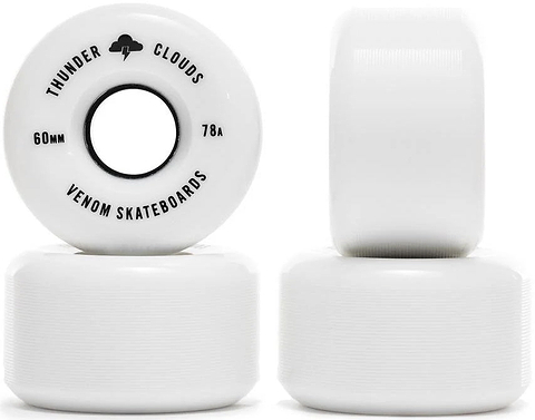 Three white Venom Thunder Clouds V2 60mm 78A Skateboard Wheels, one shown face-on with black text reading “Thunder Clouds,” “60mm,” and “78a.”