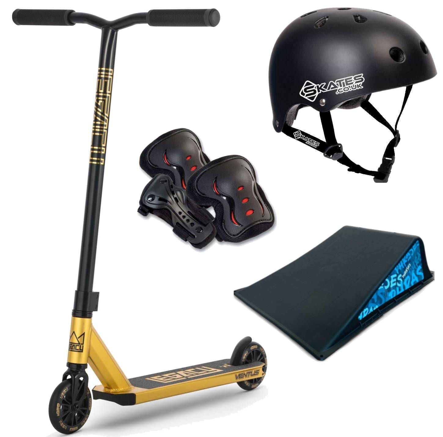 The Legacy Ventus Gold Stunt Scooter Starter Bundle by Legacy includes a yellow and black scooter, a black helmet, black pads, and a blue ramp—all essentials for beginners—displayed on a white background.