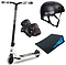 The Legacy Ventus White Glitter Stunt Scooter Starter Bundle by Legacy includes a black and white stunt scooter, black helmet, black and red knee/elbow pads, and a small black ramp for tricks.