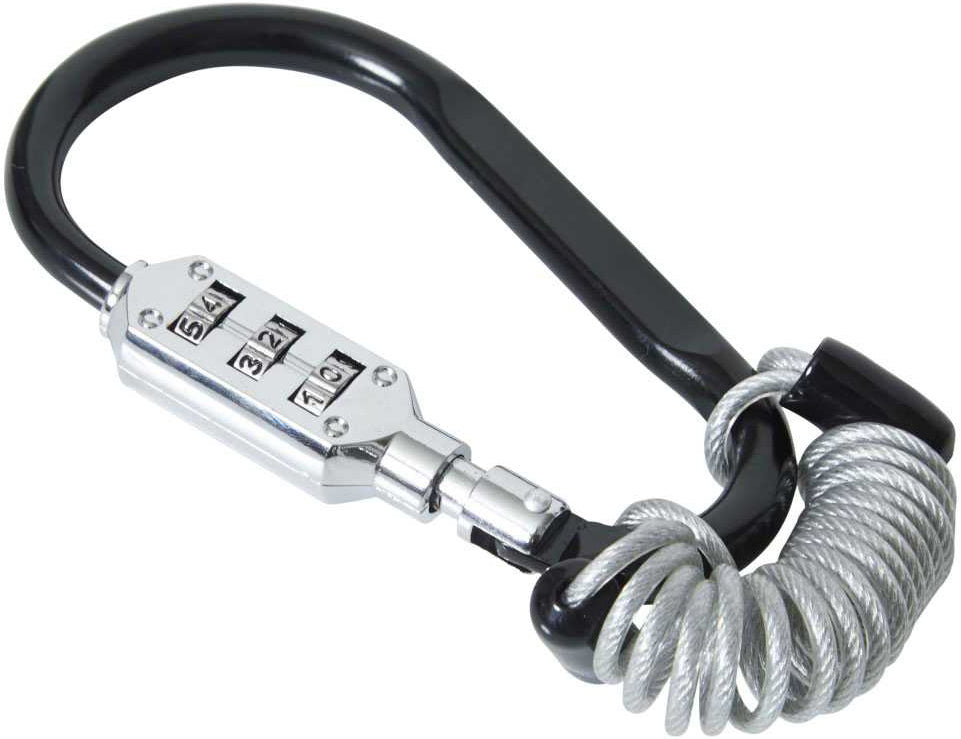 Introducing the Save My Scooter Carabiner Lock by Street Surfing—a black combination lock carabiner clip with a silver number-dial mechanism, attached to a coiled steel cable. This essential accessory offers reliable scooter security wherever your adventures take you.