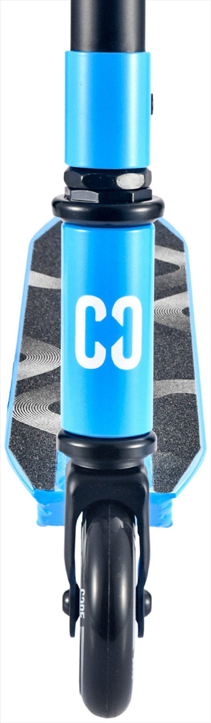 Close-up front view of the CORE CA1 Beginner Complete Stunt Scooter in blue by CORE, showing its single front wheel, "CO" on the stem, and textured grip—perfect as a starter stunt scooter for kids.