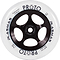 The Proto Plasma 110mm stunt scooter wheel in clear and black showcases a 110 mm diameter. Featuring BUFF Core Technology and an Alien urethane formula, these wheels are designed with five circular cutouts and distinctive blue text along the edge, combining style with exceptional performance.