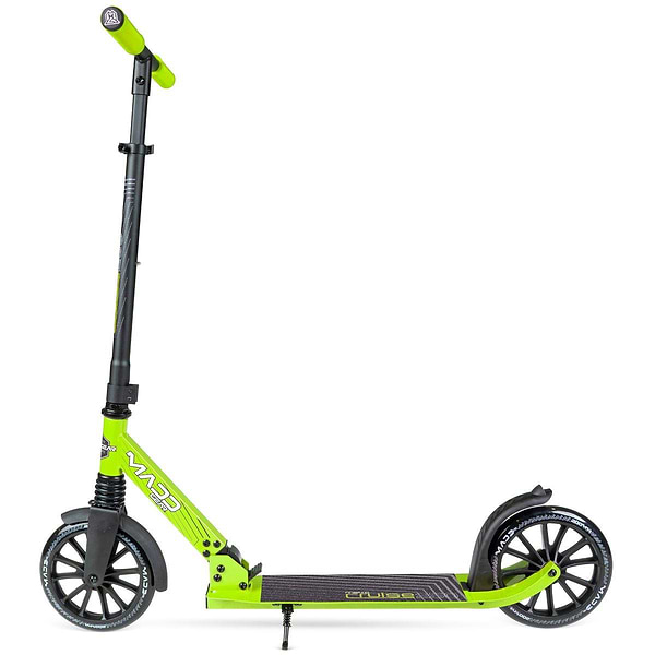 The Madd Gear Metro Cruise 250 Foldable Commuter Scooter in black and lime features large wheels, an adjustable handlebar, rear foot brake, and stand. Photographed on a white background.
