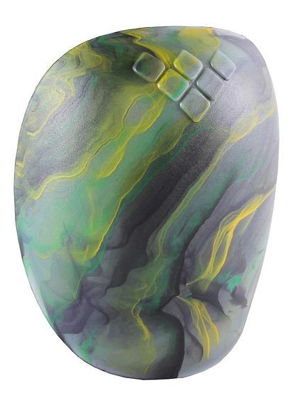 An abstract, oval sculpture with swirling green, gold, and gray patterns, featuring four raised squares near the top—resembling GAIN's Protection Shield & MVP Replacement Skate Knee Caps in Gold/Green Aussie Swirl for customized support.