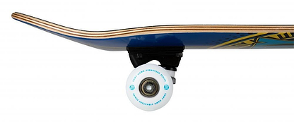 Side view of the Tony Hawk SS 180+ Badge Logo Blue / Yellow Complete Skateboard (7.5" x 31"), featuring a blue layered wood deck, black truck, white wheel with blue text, and a slightly elevated nose for beginners.