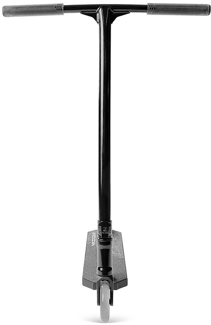 Front view of the Madd Gear Viral Extreme Complete Stunt Scooter - Black Shadow by Madd Gear (MGP), featuring a wide handlebar, textured deck, and single front wheel—crafted for pro skatepark performance, shown on a white background.
