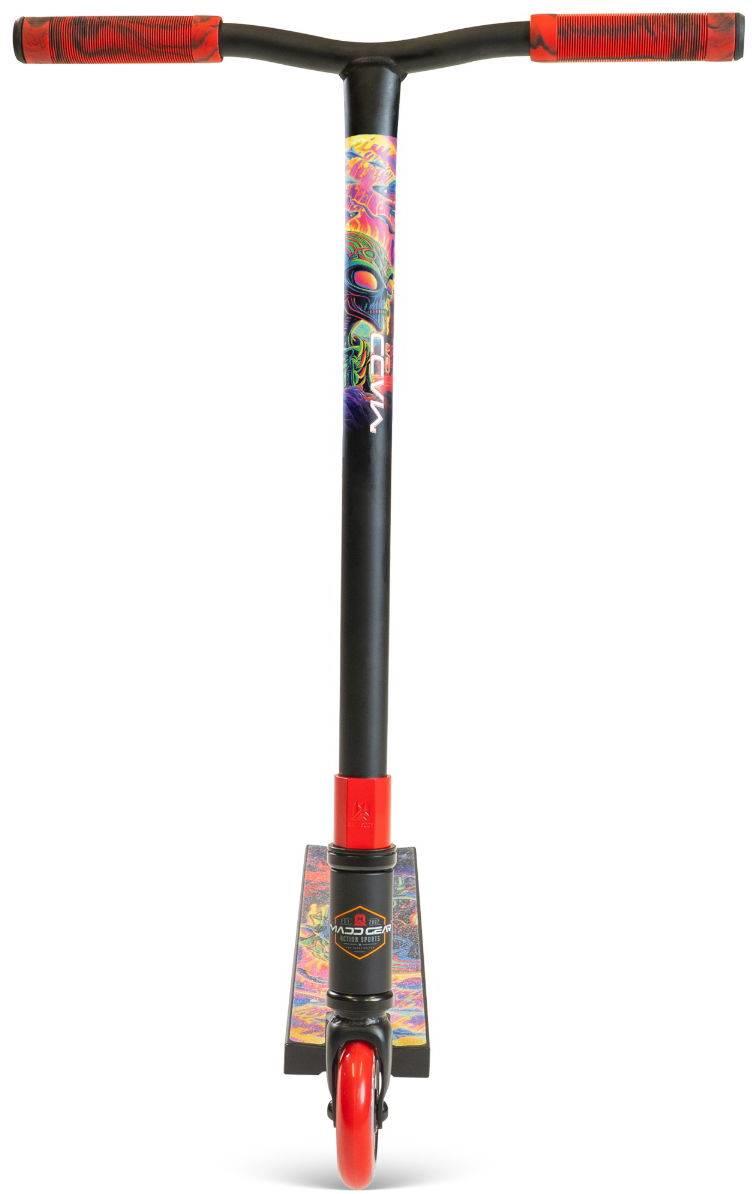 A striking Madd Gear (MGP) MG 2 Obsidian Complete Stunt Scooter - Frenzy in black and red, featuring colorful graphics on the stem and deck, with red handles and front wheel—perfect for kids who love daring stunts.