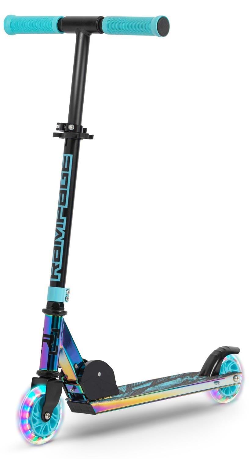 The Rampage Light Up Foldable Kick Scooter in Neochrome/Blue features a metallic rainbow frame, blue handlebar grips, and adjustable handlebars for kids.