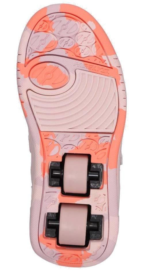 The image shows the sole of the Heelys Rezerve X2 Girls Shoes in Light Pink/Pink Confetti, featuring two retractable pink wheels for beginners and a vibrant pink and orange camouflage pattern, designed by Heelys.