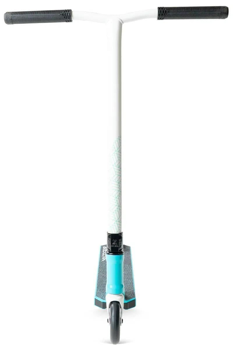 A front view of the Madd Gear Viral Purge Complete Stunt Scooter in aqua, featuring black handlebar grips and a single front wheel, is shown isolated on a white background.