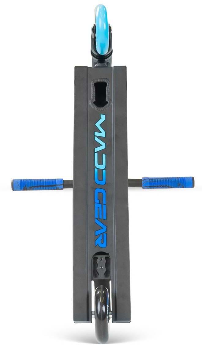 A top-down view of a Madd Gear MG 2 Obsidian Complete Stunt Scooter - Horizon for kids, showing blue handlebars and wheels. "MADD GEAR" is printed in blue on the black deck. Brand: Madd Gear (MGP).
