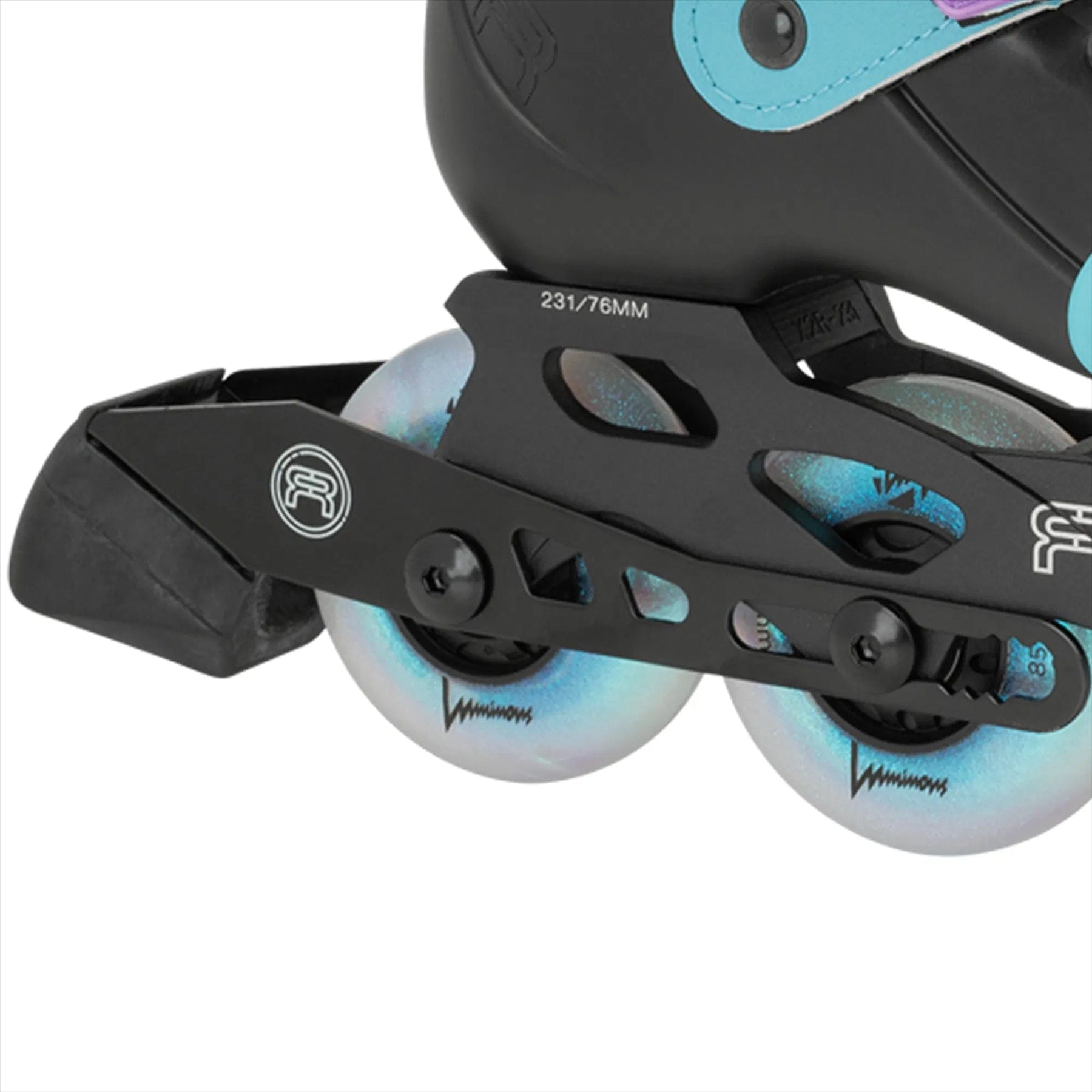 Close-up of FR Skates Junior Adjustable Inline Skates – Luminous Black Pearl, featuring a black design with turquoise accents, X-Series frames, and three white "76MM" FR Street King wheels. The rear wheel includes a black brake pad.