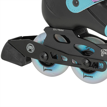 Close-up of FR Skates Junior Adjustable Inline Skates – Luminous Black Pearl, featuring a black design with turquoise accents, X-Series frames, and three white "76MM" FR Street King wheels. The rear wheel includes a black brake pad.