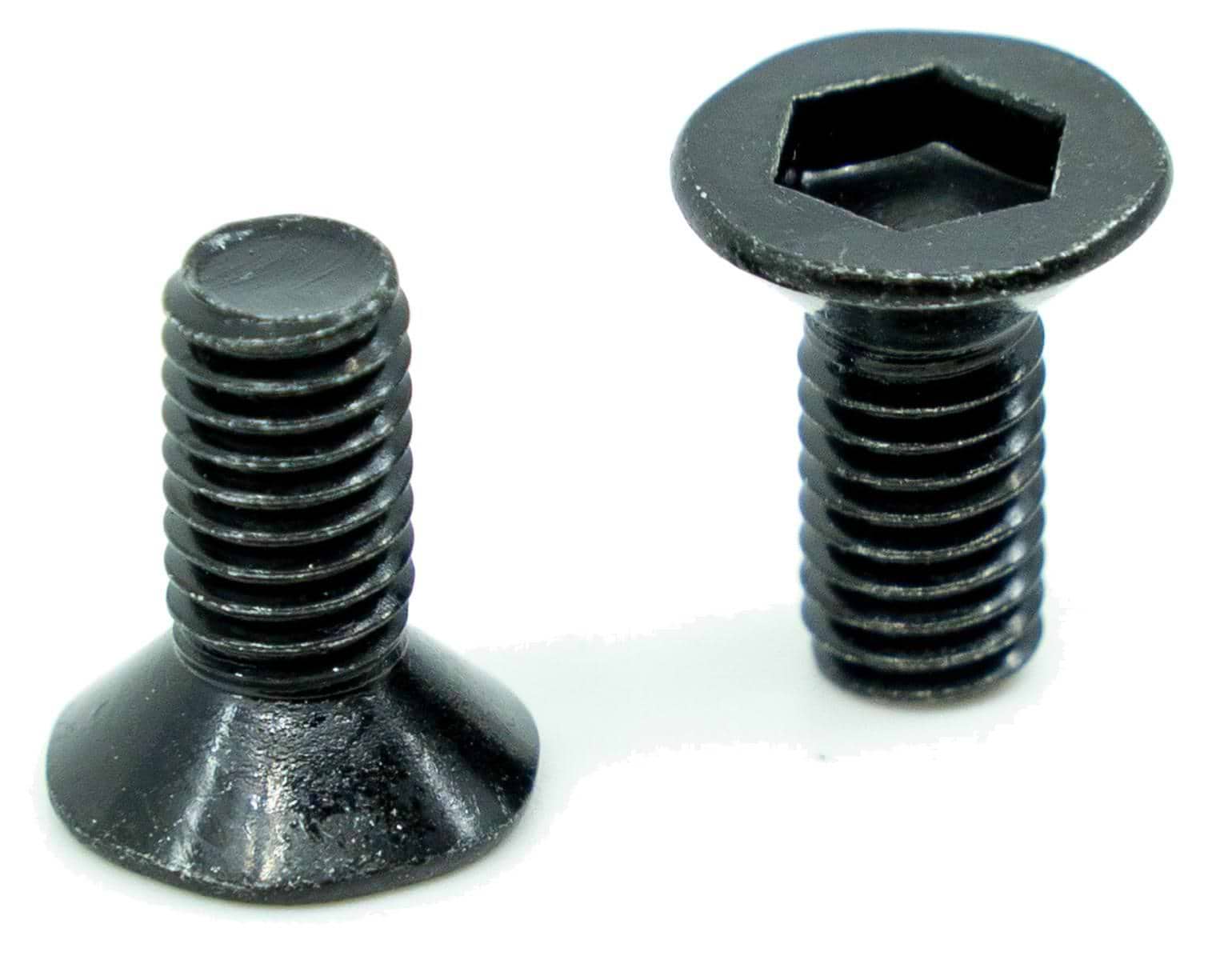 Two black, metal CORE Replacement Stunt Scooter Brake Bolts (Pair) are shown on a white background, one lying flat and the other upright—ideal hardware from CORE for securely attaching scooter brakes.