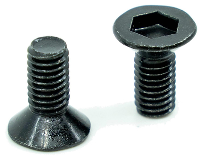 Two black, metal CORE Replacement Stunt Scooter Brake Bolts (Pair) are shown on a white background, one lying flat and the other upright—ideal hardware from CORE for securely attaching scooter brakes.