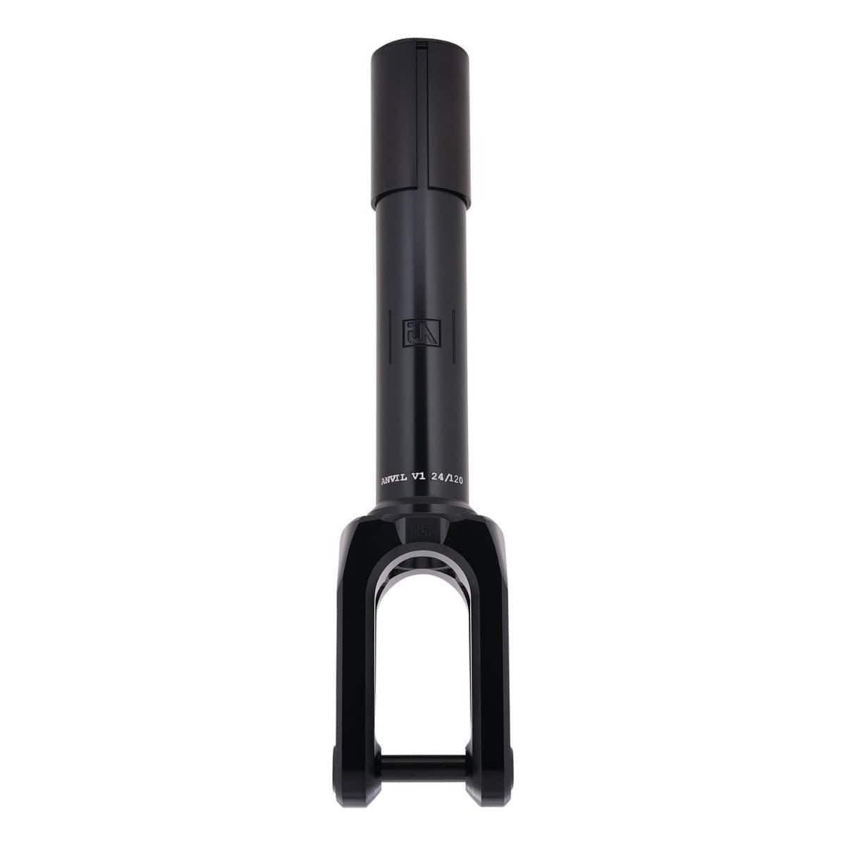 The UrbanArtt Anvil SCS/HIC Stunt Scooter Forks in Black are expertly crafted from premium 6061-T6 aluminium, showcasing a sleek, cylindrical metal design. Featuring a U-shaped base and smooth matte finish, they support SCS/HIC compression. Subtle text markings add an additional layer of detail to this minimalist masterpiece.