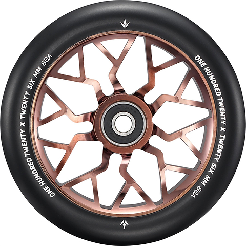 A close-up of the Blunt Envy Sector 120mm Stunt Scooter Wheel - Copper shows its metallic copper geometric spoke design and white tire text reading "ONE HUNDRED TWENTY X TWENTY SIX MM 86A.