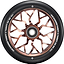 A close-up of the Blunt Envy Sector 120mm Stunt Scooter Wheel - Copper shows its metallic copper geometric spoke design and white tire text reading "ONE HUNDRED TWENTY X TWENTY SIX MM 86A.