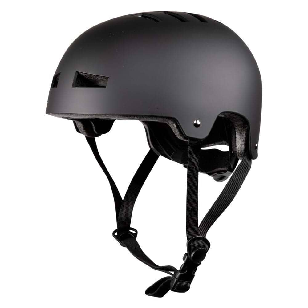The Heelys F2 Skate Protection Helmet - Black features ventilation slots, adjustable black chin straps, and a secure buckle—essential protective gear from Heelys—shown against a plain white background.