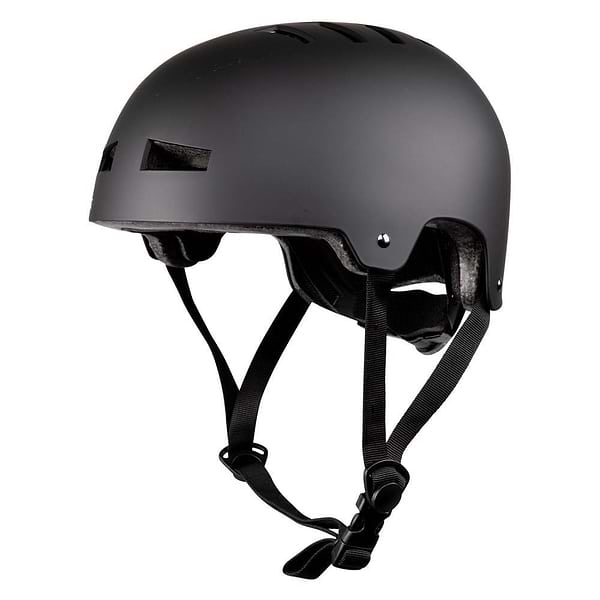 The Heelys F2 Skate Protection Helmet - Black features ventilation slots, adjustable black chin straps, and a secure buckle—essential protective gear from Heelys—shown against a plain white background.