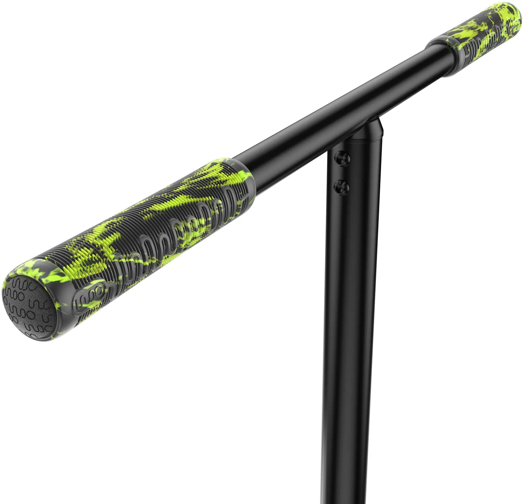 Close-up of the INDO Pro V2 Indoor Trampoline Stunt Scooter - Green Mamba handlebar with textured yellow and black grips, set against a white background.