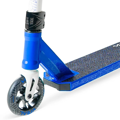 Close-up of the Madd Gear (MGP) Viral Purge Complete Stunt Scooter - Cobalt, highlighting the metallic core front wheel, grip tape deck with geometric patterns, and handlebar stem—ideal for your next skatepark adventure.