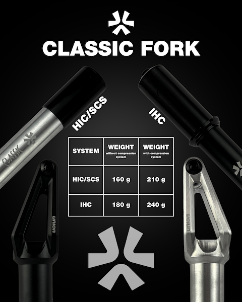 Promotional image for the Union Classic Lightweight HIC/SCS Stunt Scooter Fork - Black by Union, showing lightweight aluminium fork, weight comparison chart, centered logos, and a black background.
