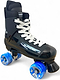 The Supreme Turbo 33 Nylon Quad Roller Skates in black feature white laces, blue swirl wheels, and "SUPREME" branding on the side. Inspired by classic nylon quads, they offer both style and comfort. Shown on a white background.