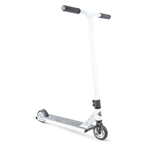 The Madd Gear (MGP) MG 4 Titan Complete Stunt Scooter in Arctic White, shown with black grips and a patterned deck on a white background, is ideal for action sports and stunt riding.