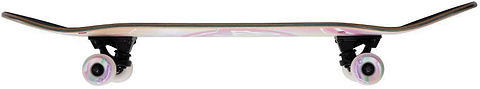 A side view of the Birdhouse Stage 3 Armanto Bubbles Complete Skateboard - 8" x 31.5", featuring a curved Canadian Maple deck, black trucks, and white wheels with pastel accents, isolated on a white background.
