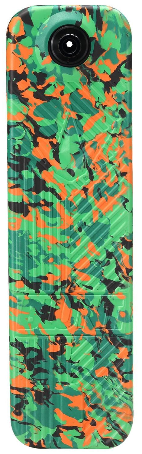 The Blunt Envy TS Pro 6 Indoor Trampoline Stunt Scooter features a sleek rectangular design with a vibrant camouflage pattern in shades of green, orange, and black. At the top is a lens that may serve as a camera or recording device.