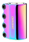 The Drone Contrast 3 4 Bolt Oversized SCS Stunt Scooter Clamp in Neochrome features a vibrant purple, pink, and teal finish. Made from 7075 Series Aluminium, it has side black bolts and "DRONE" in gold lettering for enhanced performance durability.