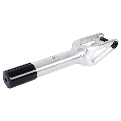 The UrbanArtt Anvil SCS/HIC Stunt Scooter Forks - Raw Silver feature a sleek, modern design with a cylindrical base. Crafted from durable 6061-T6 aluminium, these forks have an open-ended top and visible bolt holes for easy attachment of SCS/HIC compression.