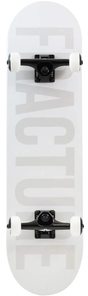 The Fracture Fade Series White Complete Skateboard (8" x 31.75") by Fracture features a sturdy Canadian Maple deck with "FRACTURE" in large light gray letters, black trucks, and white wheels, all viewed from above.