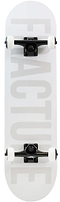 The Fracture Fade Series White Complete Skateboard (8" x 31.75") by Fracture features a sturdy Canadian Maple deck with "FRACTURE" in large light gray letters, black trucks, and white wheels, all viewed from above.