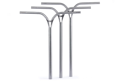 Three metallic scooter handlebars, including the Ethic DTC Deildegast V2 Steel Oversized HIC Stunt Scooter Bars in Raw Silver (670mm x 600mm) by Ethic, stand upright with a Y-shaped design against a plain white background.