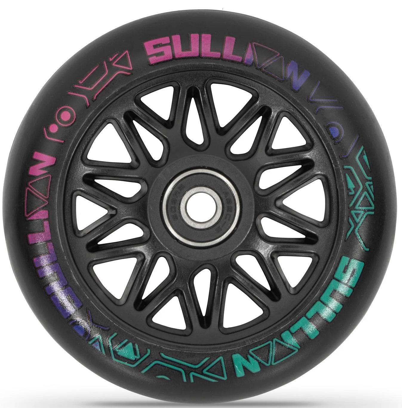 The Sullivan Antic V2 Complete Stunt Scooter - Aurora features a black 110mm metal core wheel with a geometric spoke design and colorful "Sullivan" branding—perfect for kids' or stunt scooter setups.