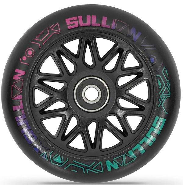 The Sullivan Antic V2 Complete Stunt Scooter - Aurora features a black 110mm metal core wheel with a geometric spoke design and colorful "Sullivan" branding—perfect for kids' or stunt scooter setups.