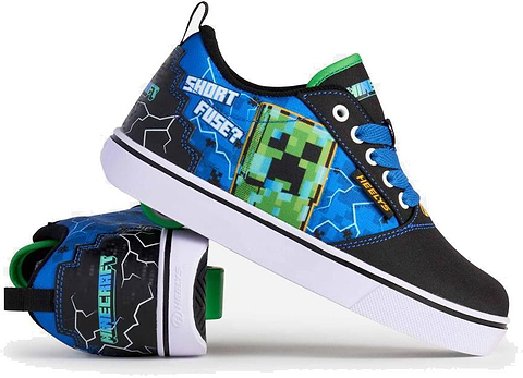 A pair of Heelys x Minecraft Pro 20 Boys Shoes in black, blue, and green with Creeper graphics and pixelated designs—one shoe stands upright while the other lies on its side.