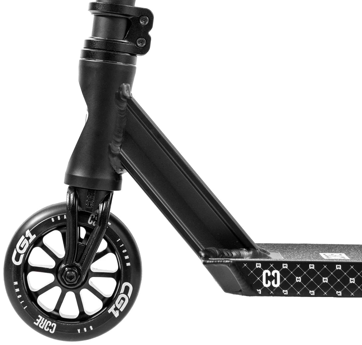 Close-up of the CORE CG1 Mini Complete Stunt Scooter - Black by CORE, showing its front section with a large wheel labeled “CG1” and a patterned deck featuring white geometric designs and the “CG” logo.